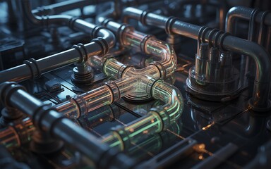 Intricate pipes and connections form a complex network, representing infrastructure, engineering, and the flow of resources in a technologically advanced system