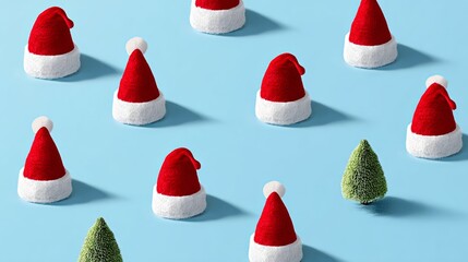 Blue background with a bunch of red santa hats and a green tree. The hats are arranged in a pattern and the tree is placed in the middle