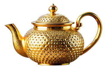 Luxurious golden teapot with an intricate hammered texture, a fusion of traditional craftsmanship and modern metalwork technology, isolated on a white background