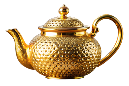 Luxurious golden teapot with an intricate hammered texture, a fusion of traditional craftsmanship and modern metalwork technology, isolated on a white background