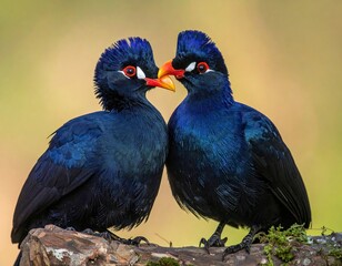 Two birds with vibrant blue plumage and red eye-rings, facing each other