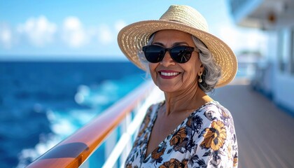 Smiling elderly woman wearing sun hat and sunglasses enjoying bright day on cruise ship deck during vacation symbolizing freedom happiness and relaxation over deep blue ocean horizon