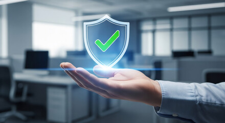 Man holding glowing virtual shield with a green checkmark, illustrating concept of data security, cyber protection, and system approval