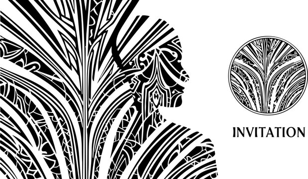 Elegant invitation design with abstract female portrait and intricate patterns for events, weddings, and stylish announcements, sophisticated artistic flair