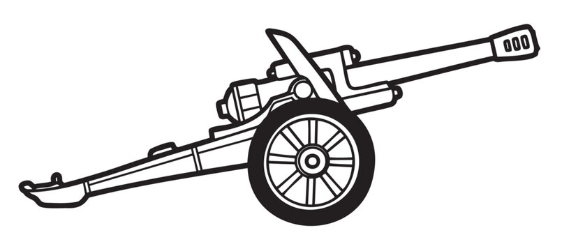 Black outline drawing of a historical artillery cannon with a single wheel, showcasing detailed mechanical parts.