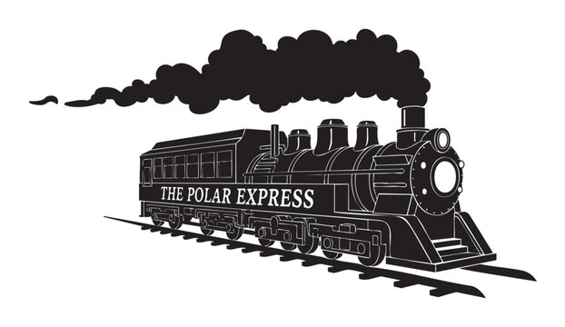 Black silhouette of a classic steam locomotive with "the polar express" written on the side, emitting smoke as it travels on railway tracks.