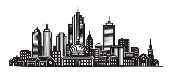 Fototapeta premium Black silhouette of a diverse urban skyline featuring skyscrapers, domes, and church steeples, illustrating a mix of architectural styles.