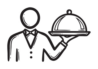 Fototapeta premium Black outline drawing of a faceless waiter in a suit holding a serving tray with a dome cover in a simplified, minimalist style.