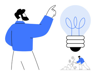 Man pointing at light bulb symbolizing creativity and vision while another figure mines coins. Ideal for idea generation, creativity, vision, investment, innovation, teamwork, motivation. Simple flat