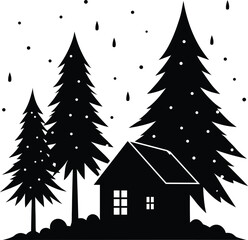Obraz premium Winter cabin and pine trees silhouette with falling snow isolated on white background isolated on transparent background
