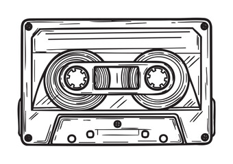 Black outline drawing of a vintage cassette tape with detailed texture and visible reels, evoking nostalgia for analog audio media.