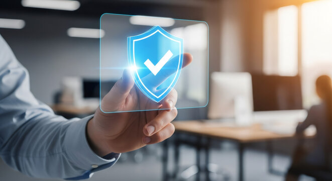 Man holding virtual shield with check mark. Cybersecurity and data protection concept. Digital safety and privacy for online business.
