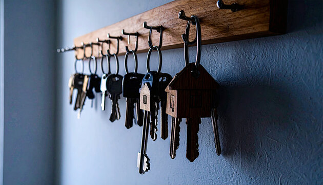 Wall Mounted Wooden Key Holder Rack. Interior concept. Generated Image