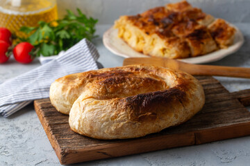 Turkish style meat stuffed filo dough borek served kol boregi.