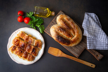 Turkish style meat stuffed filo dough borek served kol boregi.