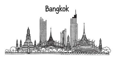 Naklejka premium Black and white outline of bangkok's skyline featuring iconic temples and modern skyscrapers.