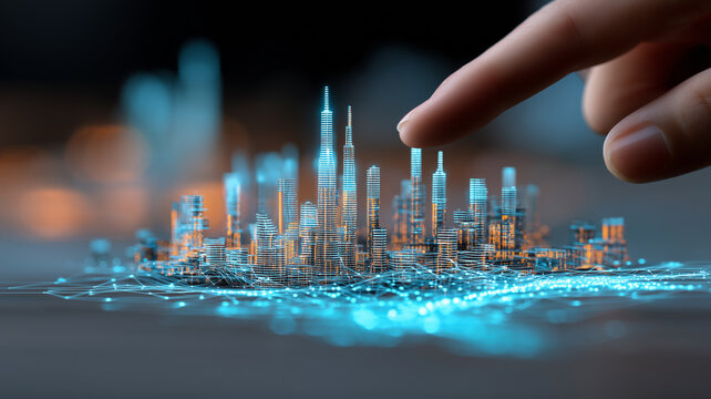 Finger interacting with a connected miniature city to illustrate smart city planning IoT networks and urban analytics

