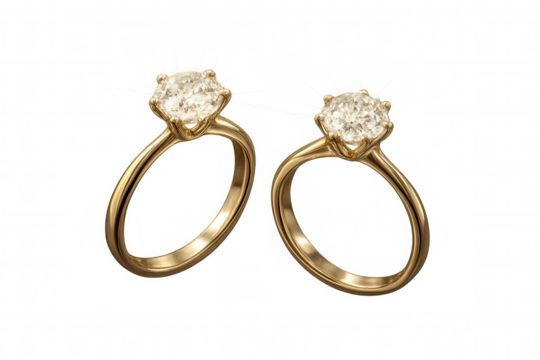 Pair of gold solitaire diamond engagement rings for proposal, wedding, anniversary, or luxury jewelry concept, transparent background - Powered by Adobe
