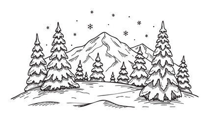 Obraz premium Black outline drawing of snow-covered mountains and evergreen trees under a sky with falling snowflakes, capturing a serene winter landscape.