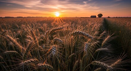 Golden wheat field at sunset, showcasing sun rays and a rustic barn in the background.
