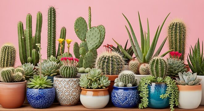 A diverse collection of cacti and succulents displayed in various ceramic pots against a vibrant pink backdrop.