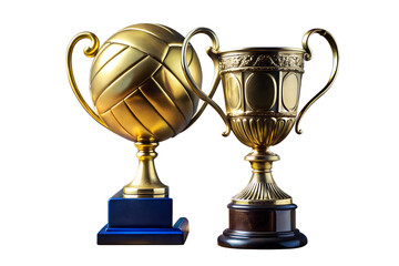 Golden trophies, one with a sports ball and one a classic cup, stand isolated on a white background, symbolizing triumph, excellence, and achievement in competition