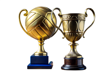 Golden trophies, one with a sports ball and one a classic cup, stand isolated on a white background, symbolizing triumph, excellence, and achievement in competition