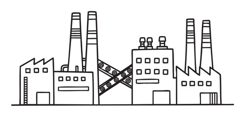 Obraz premium Black outline drawing of an industrial factory complex with multiple chimneys and rectangular buildings, showing details of pipes and conveyor systems.