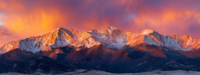 Sunset paints the mountain landscape in warm colors, highlighting snow-capped peaks. Nature's serene beauty captivates the viewer with its vibrant scene and tranquil atmosphere
