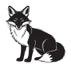 Obraz premium Black and white illustration of a sitting fox, depicted with detailed fur and a bushy tail in a simplistic artistic style.