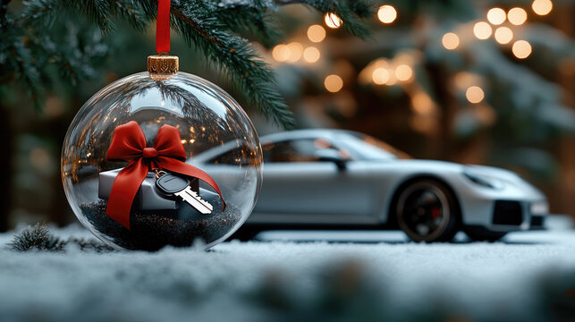 Transparent christmas ball ornament, adorned with a red bow, features a sleek miniature dark grey sport car and a shiny key, anticipating the thrill of a big-ticket holiday gift