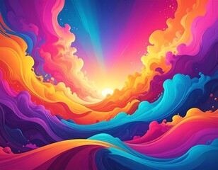 An abstract artwork depicting a vibrant, colorful landscape. Swirling formations of orange, pink, and purple hues dominate the image, evoking a sense of dynamic energy