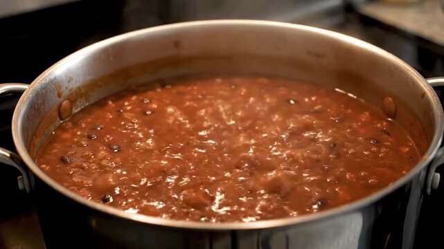 Bubbling away, a pot of thick chili cooks slowly on the stove.