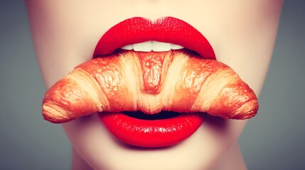 Partial face of woman about to bite into a croissant, golden flaky texture with modern cafe background 