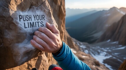 Climber s hand reaches for inspirational message on rocky mountain