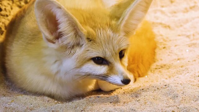 Close up of a desert Fennec fox head resting in the sand beside rocks on a cloudy day