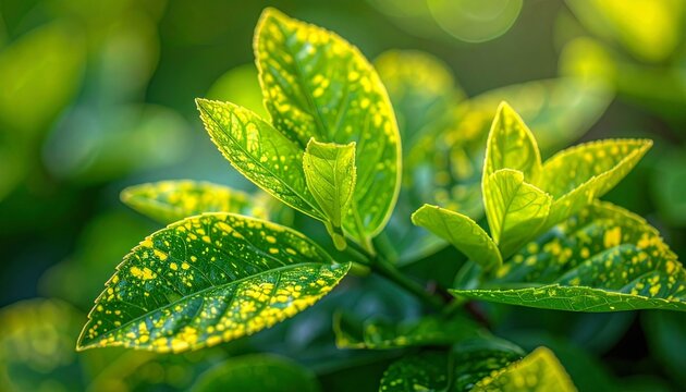 Close-up of Vibrant Green and Yellow Croton Plant Leaves.