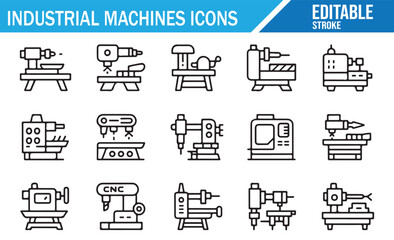 Manufacturing Equipment Line Icons – Factory, Automation, Robotics, Tools