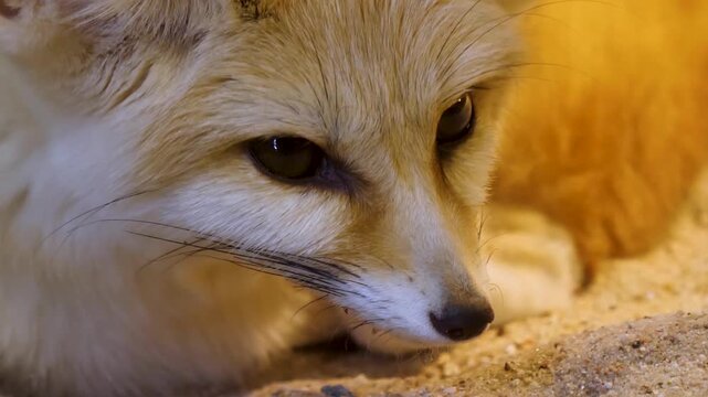 Close up of a desert Fennec fox head resting in the sand beside rocks on a cloudy day