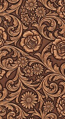 A detailed, intricate design showcases a rich copper-toned leather pattern, featuring ornate floral motifs and scrollwork, creating a classic and elegant aesthetic.