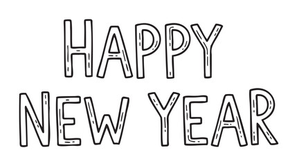 Black outline letters forming the phrase "happy new year", with a playful hand-drawn style.
