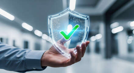 Man holding a digital shield with check mark, representing data protection and cyber security. Concept of internet privacy, network safety, and system security.