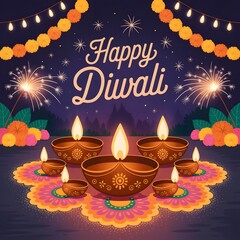 Brightly lit diyas and colorful decorations celebrate the joyous festival of Diwali, with fireworks