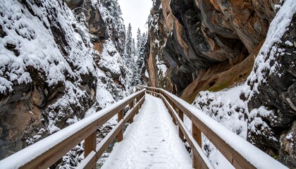 A snow-covered wooden walkway leads through a narrow canyon with sheer rock walls and evergreen trees in the distance