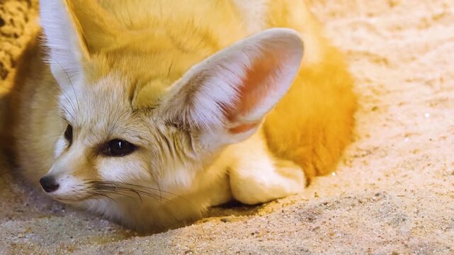 Close up of a desert Fennec fox head resting in the sand beside rocks on a cloudy day