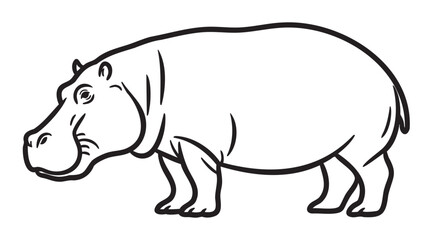 Fototapeta premium Black outline drawing of a standing hippopotamus facing left, with detailed features and a curved tail.