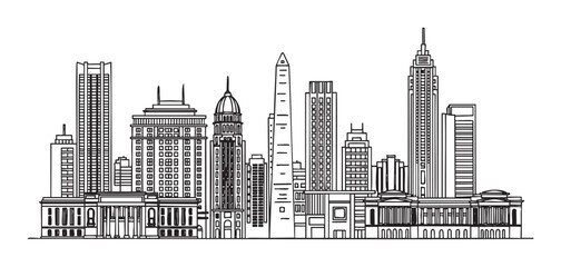 Fototapeta premium Black outline vector illustration of a city skyline with various architectural styles, including tall skyscrapers and historic buildings.