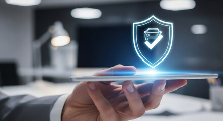 Hand of businessman holding a tablet with a glowing car insurance shield icon. Concept of online vehicle protection, safety, and digital financial service.