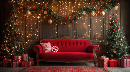 Christmas photo booth decorated with garlands and fairy lights, featuring a red sofa, Christmas tree, gift boxes, candy canes, and wreaths against a red wall, creating a cozy festive atmosphere