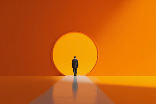 A man walks through a doorway into a room with an orange wall